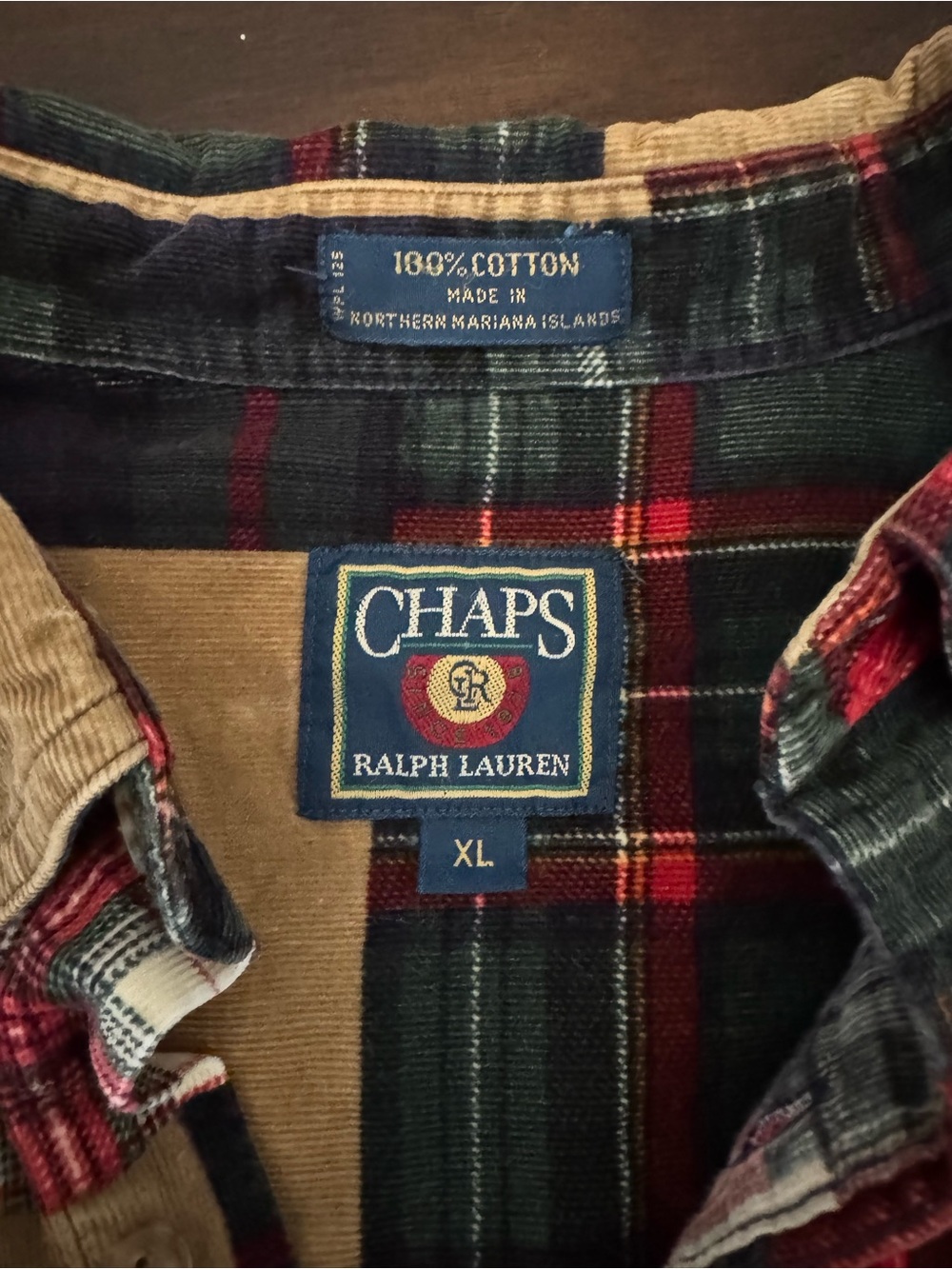 Ralph Lauren Patchwork Plaid & Corduroy Button-Down Shirt in Red, Navy & Tan - Picture 2 of 2